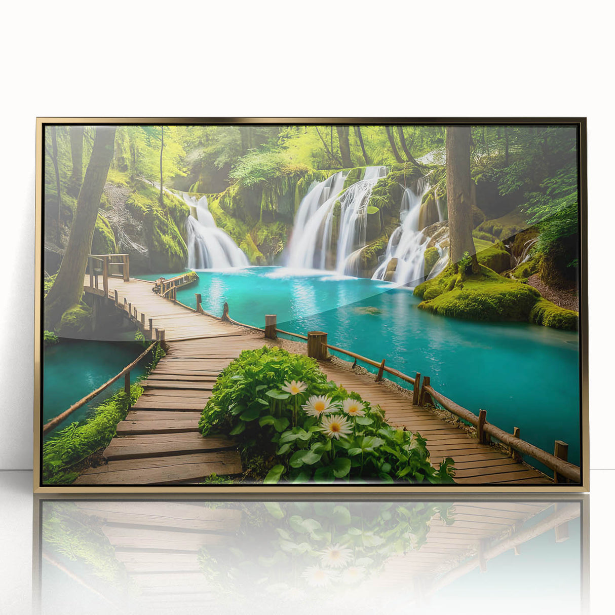Large art print featuring a mid-century modernist scenery of Thailand in gold and green hues on a framed acrylic.