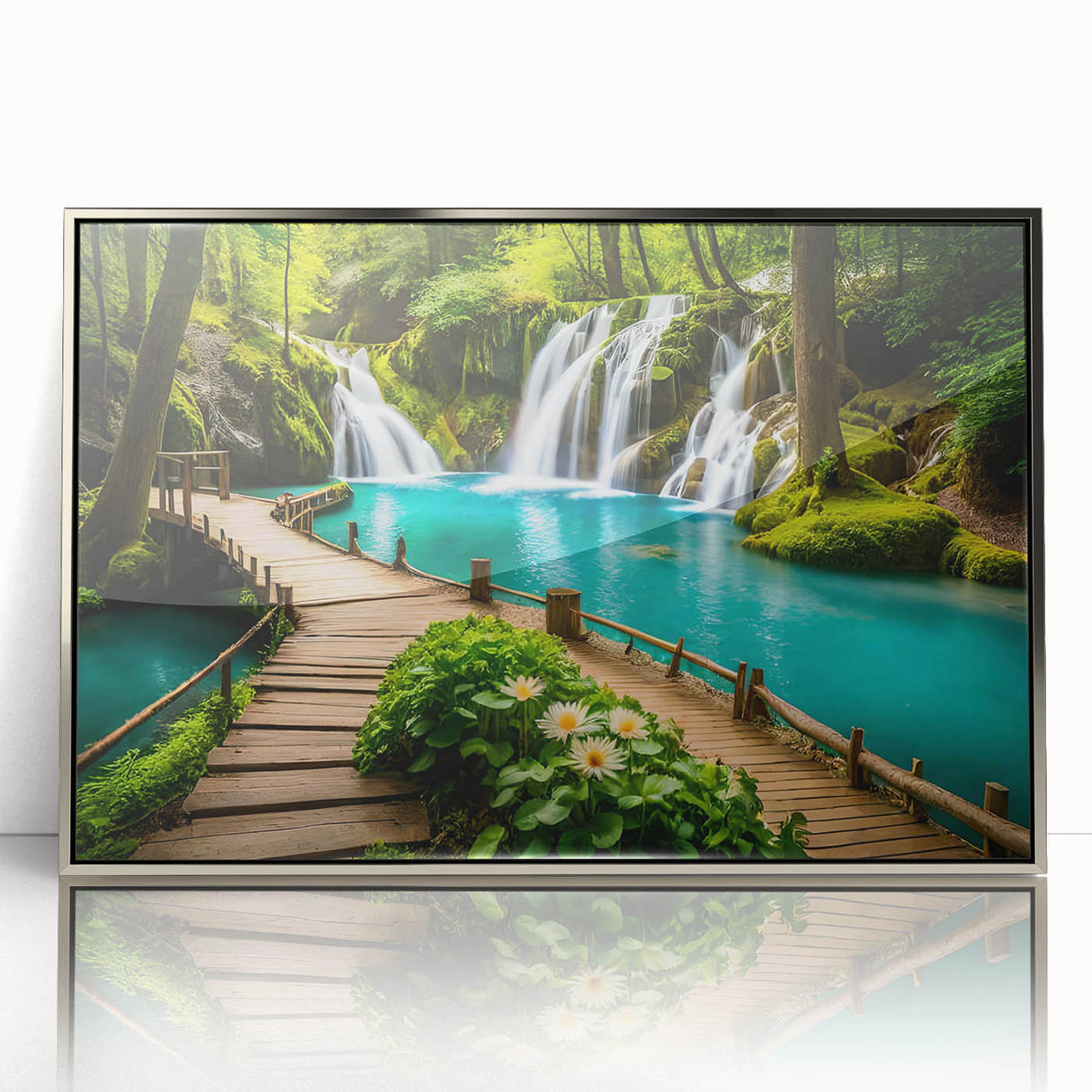 Mid-century modernist acrylic print of a serene Thai landscape in muted green and blue tones, ideal for nursery wall decor.