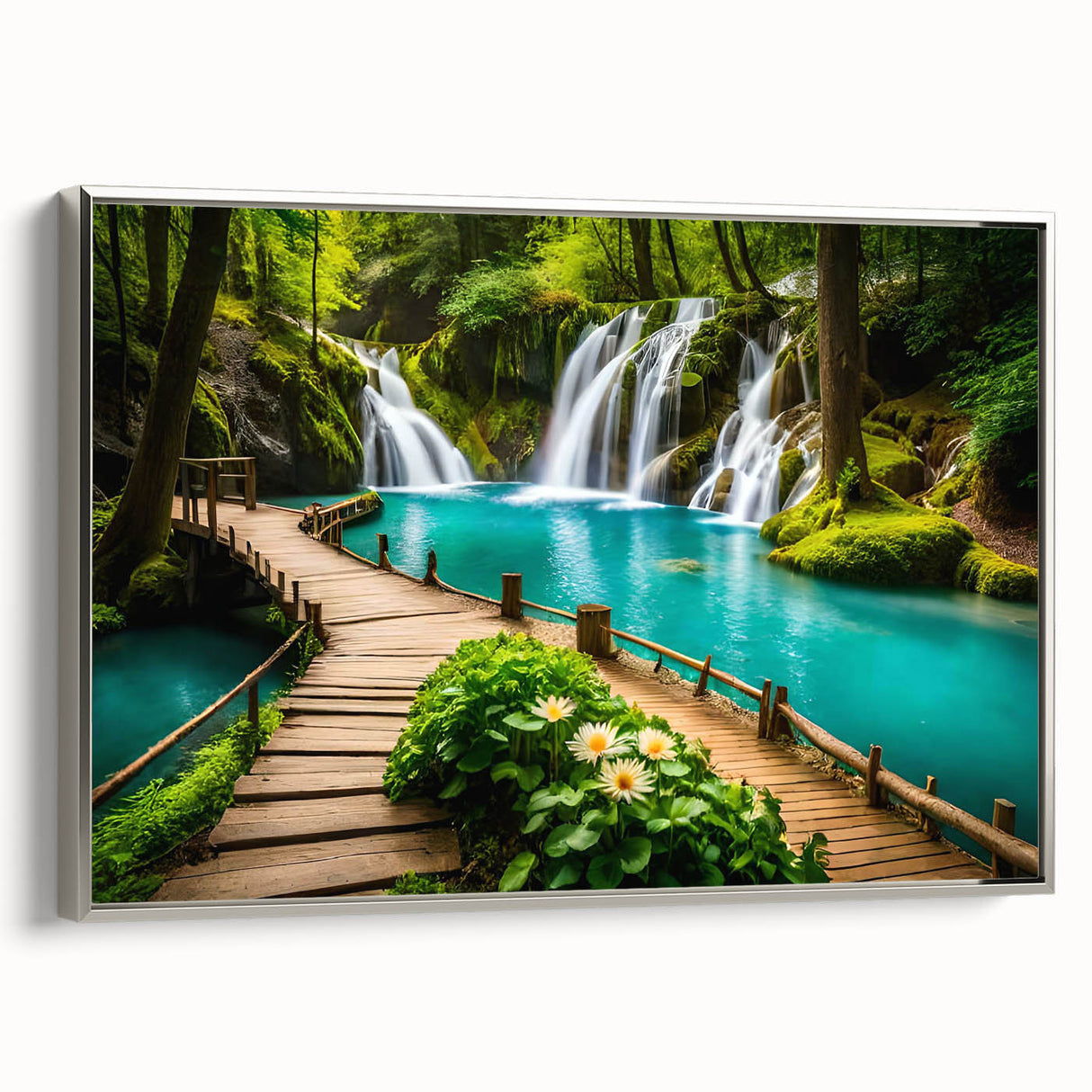 Landscape art painting of a Thai scenery in muted blues and greens, framed canvas, ideal for living room decor.