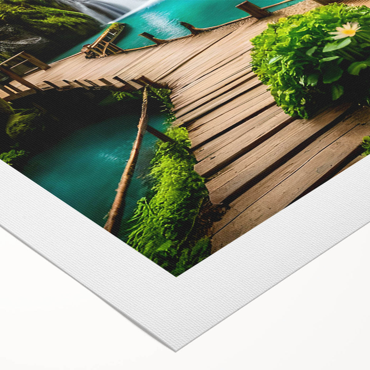 Art deco poster of a serene Thai landscape in muted green and blue tones on rolled canvas.