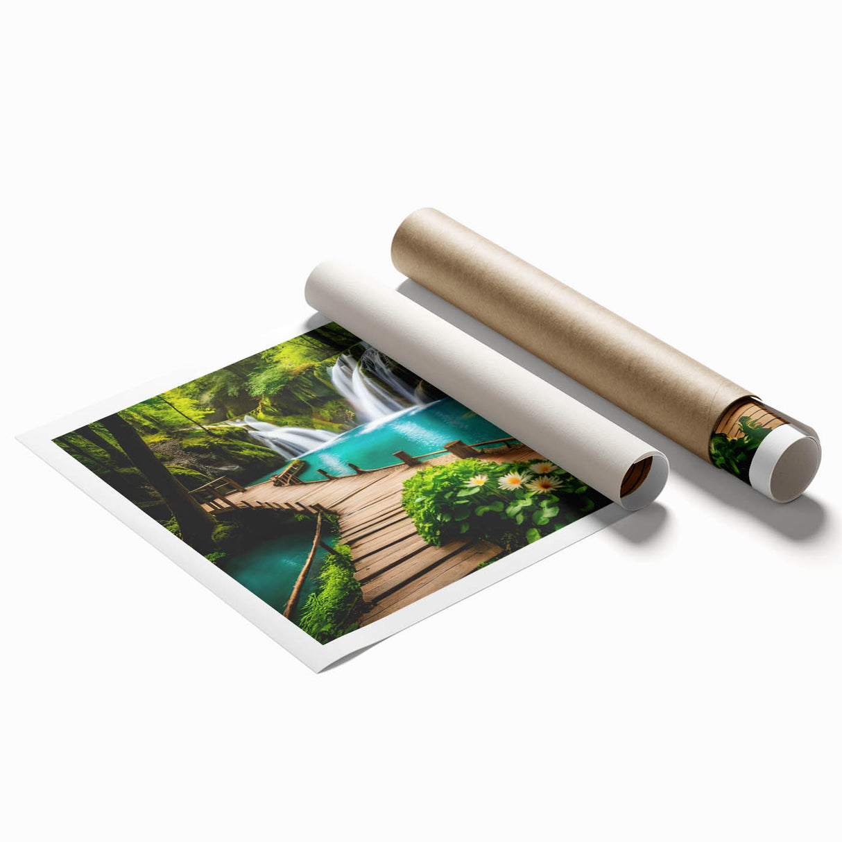 Extra large rolled print depicting a serene Thai landscape with lush florals in soft green and blue tones.