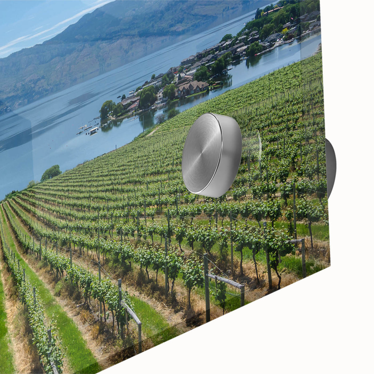 Large abstract wall art print of British Columbia scenery on acrylic glass, in muted earth tones.