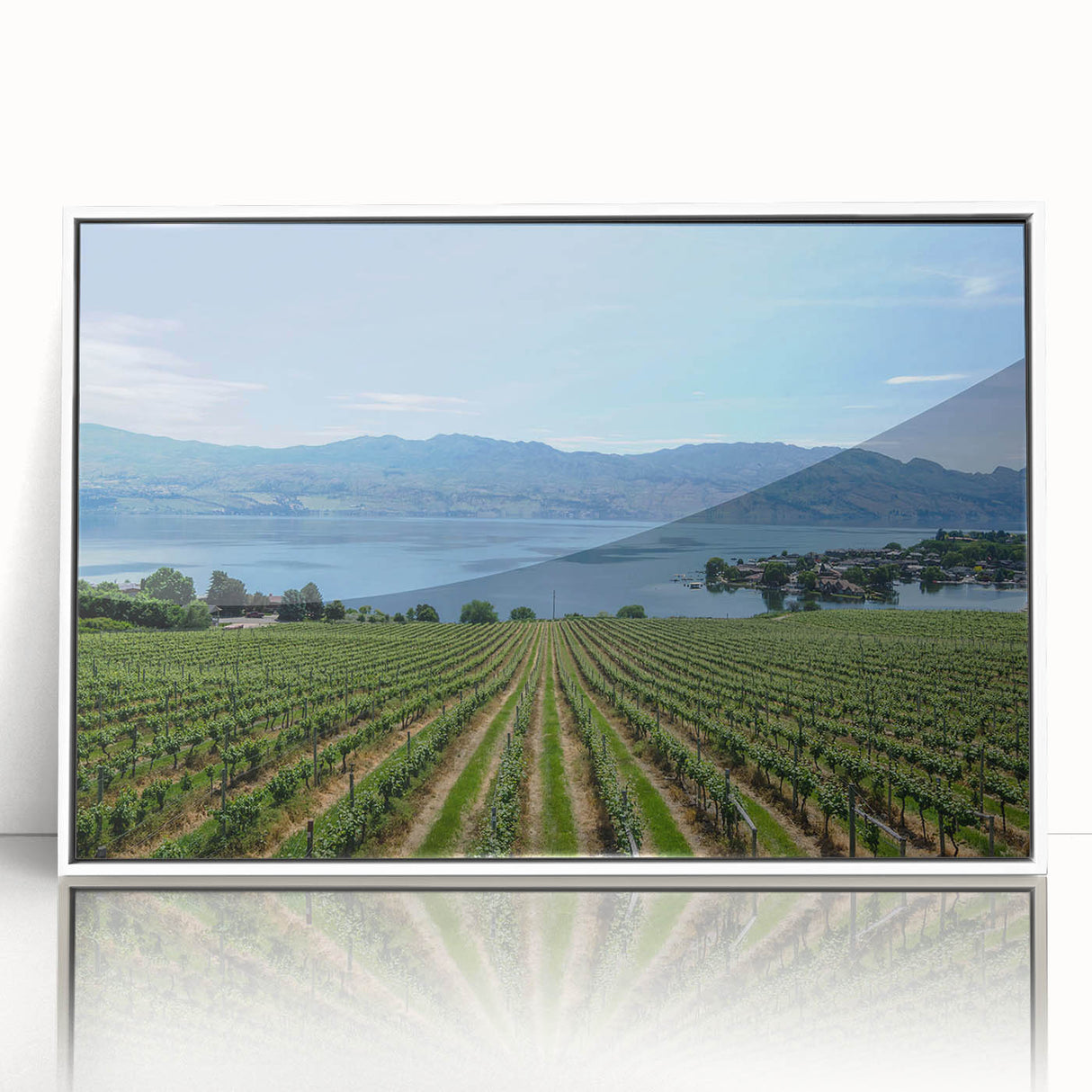 Art Deco poster featuring a serene British Columbia landscape in muted green and blue tones, framed acrylic.