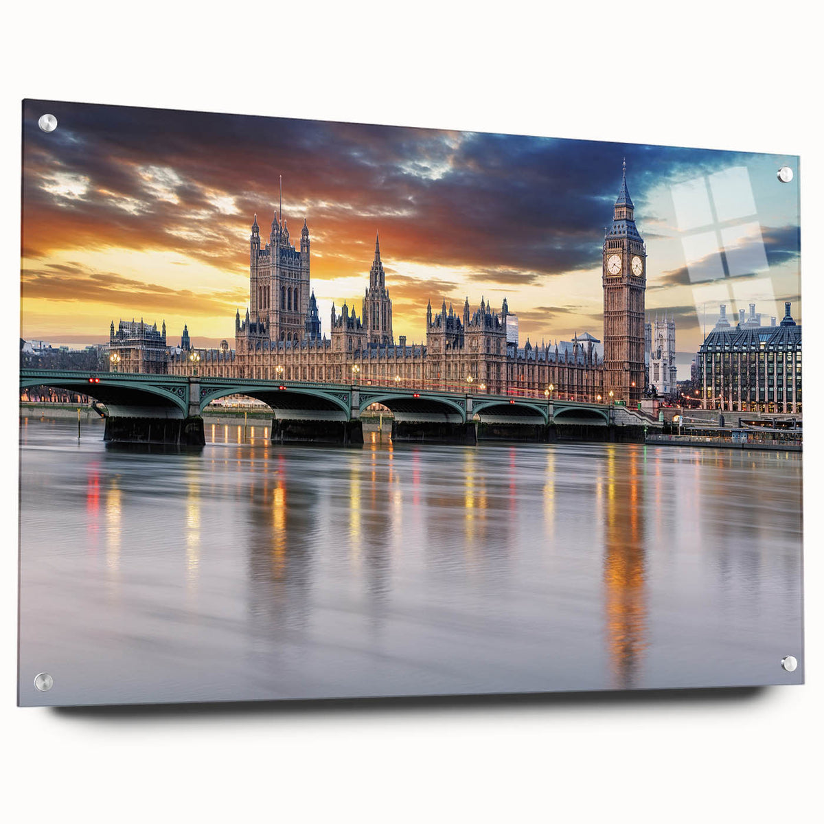 Acrylic print of a London skyline in muted gray and blue tones, suitable for bedroom or dining room decor.