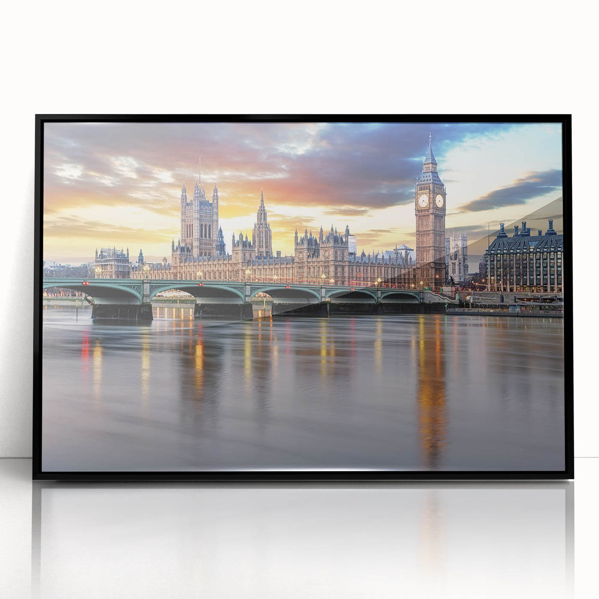 Large abstract wall art featuring a minimalist depiction of the London skyline in black and white tones on a framed acrylic…