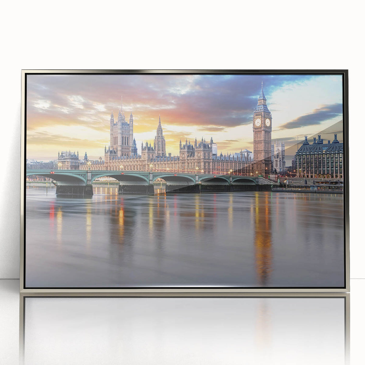Large art print of London scenery in muted gray tones, framed in silver acrylic, suitable for modern art wall decor.