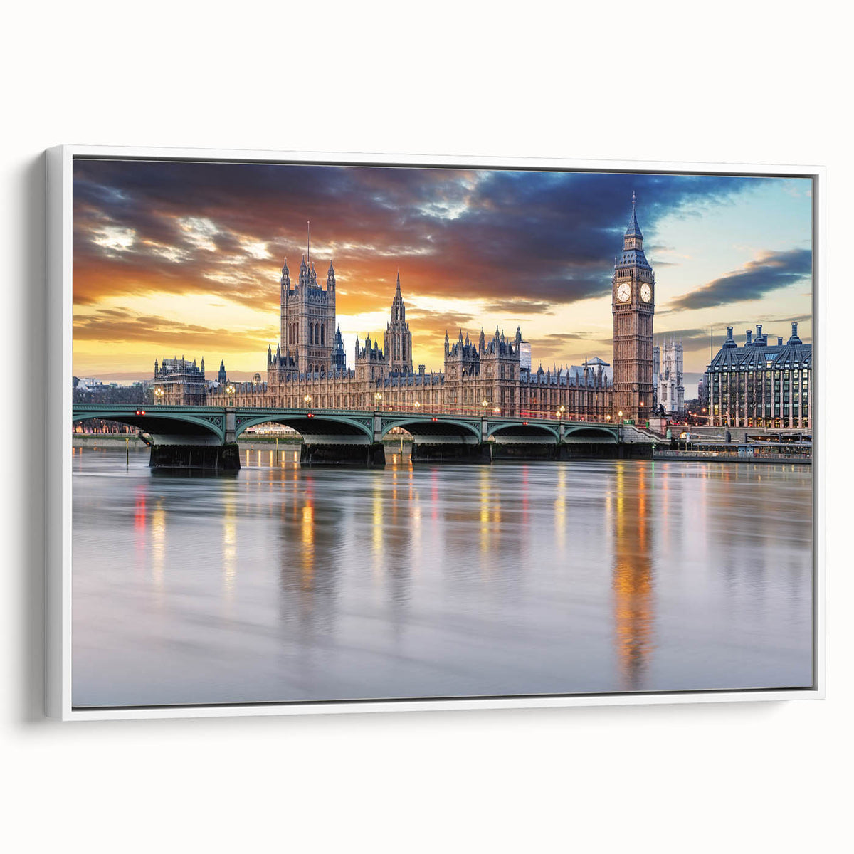 Vintage poster art of London with colorful accents on a large framed canvas, ideal for living room decor.