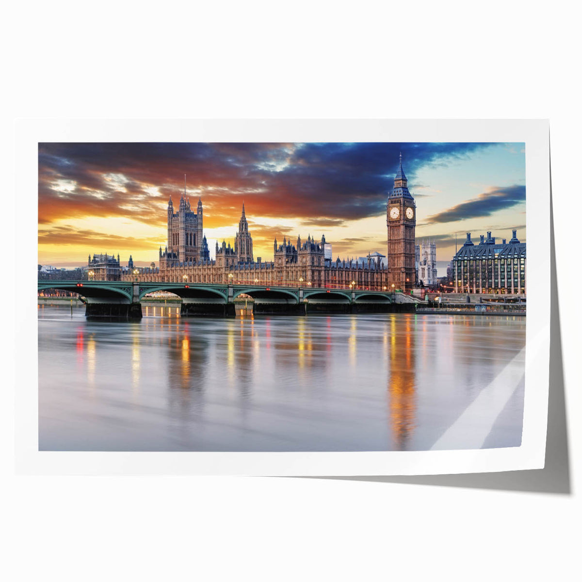 Rolled canvas print of a London cityscape with soft pastel hues, suited for art wall dining room or classy bathroom decor.