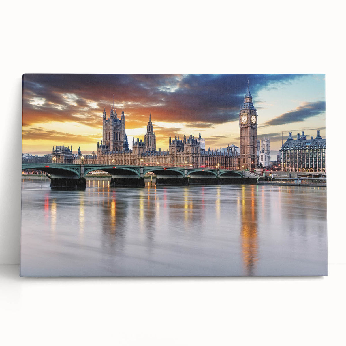 Black and white large art print of the London skyline on stretched canvas, ideal for kitchen wall art.