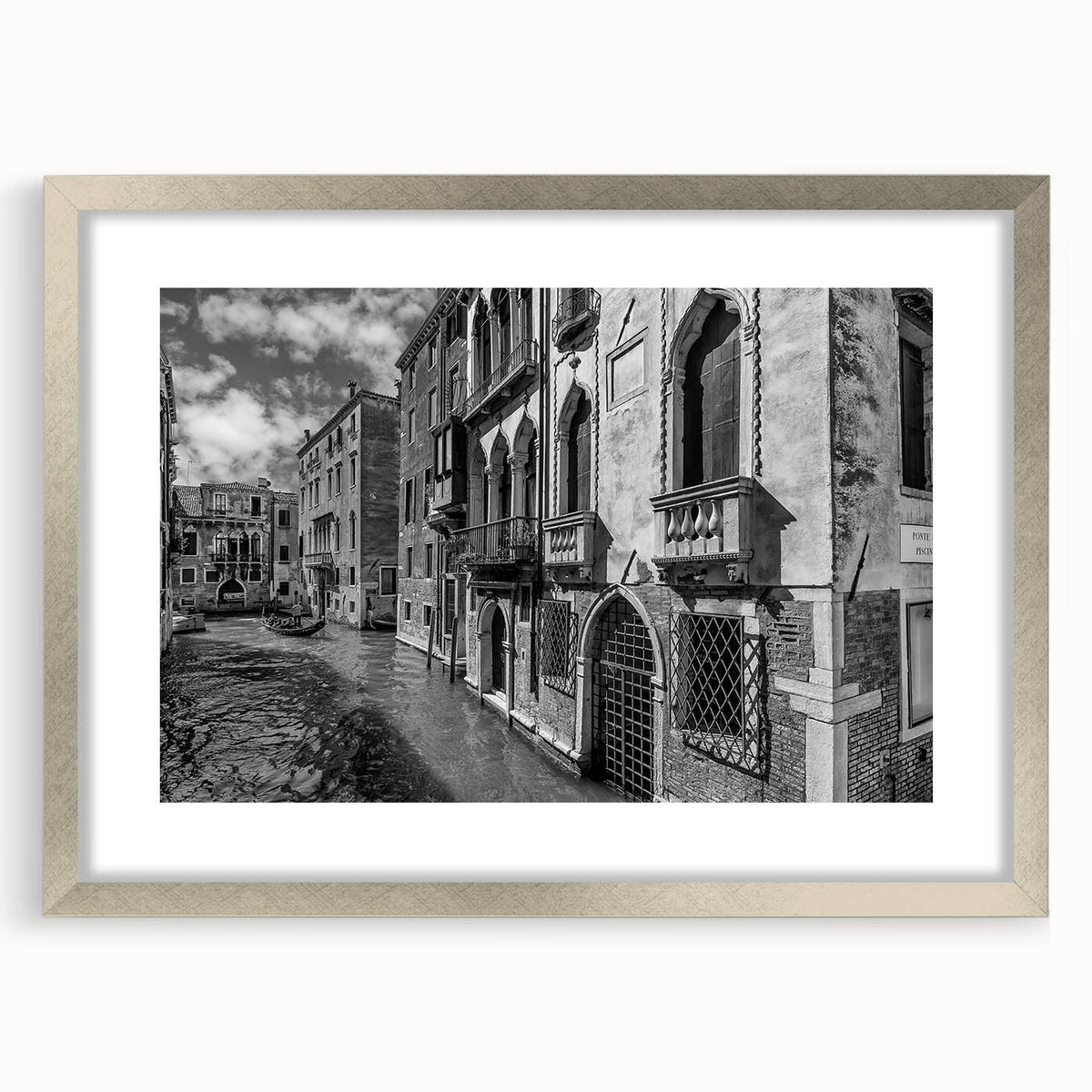 Extra large framed wall art of an abstract Venice scenery in textured silver hues, ideal for living room decor.