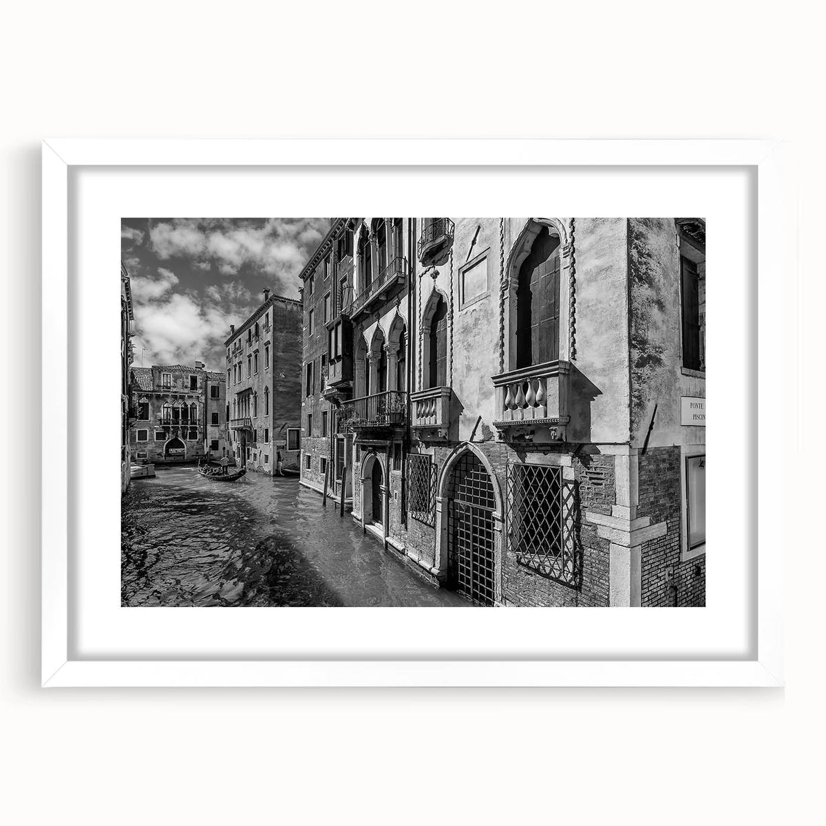 Textured art print of an abstract Venice scenery in muted earth tones on a framed white mat, suitable for bedroom decor.