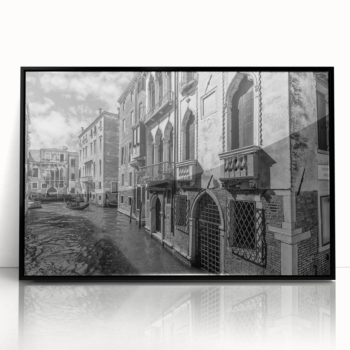 Large abstract wall art of Venice scenery in mid-century modernist style, with vibrant tones on black framed acrylic.