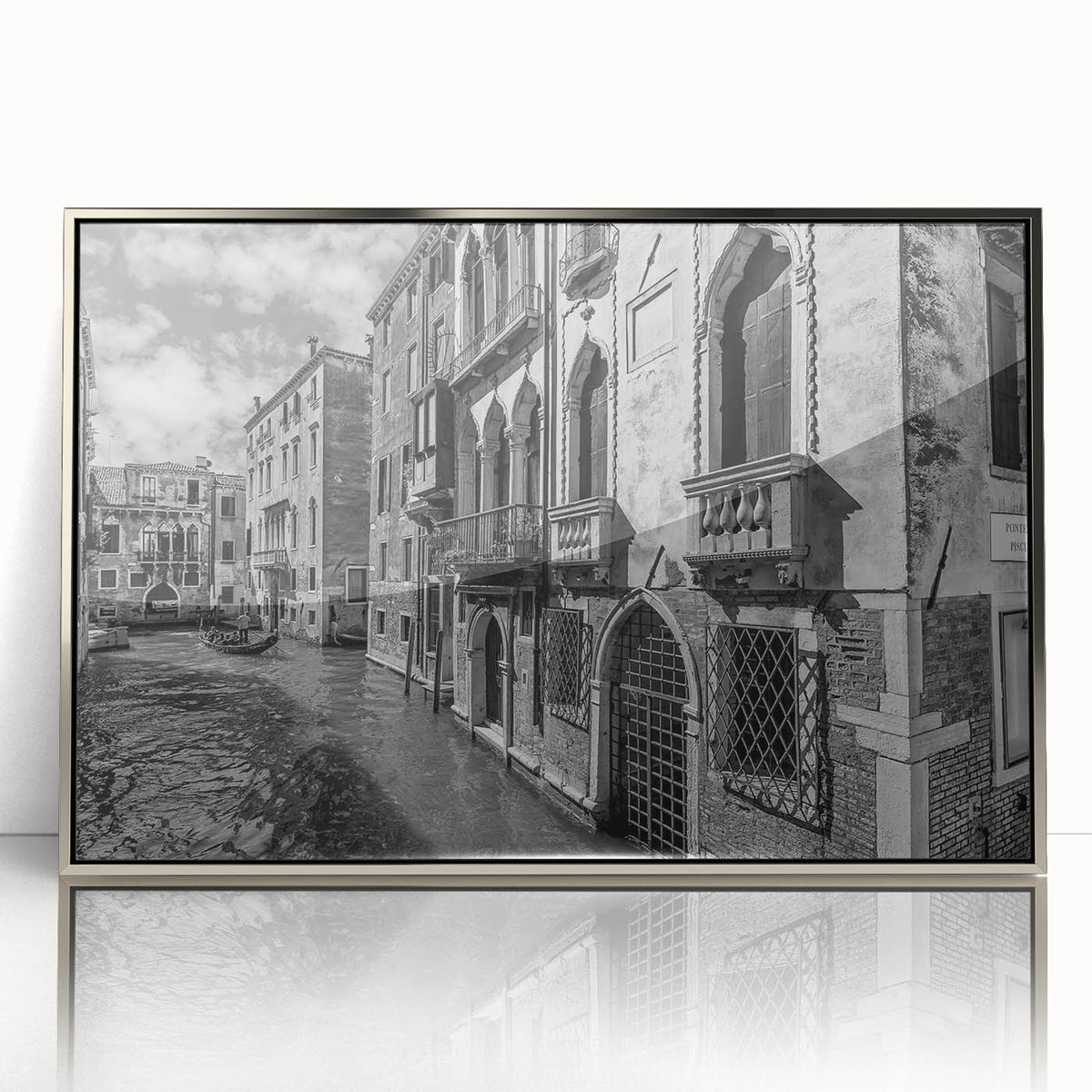Acrylic print of Venice scenery with silver frame, featuring muted earth tones, ideal for modern art wall decor.