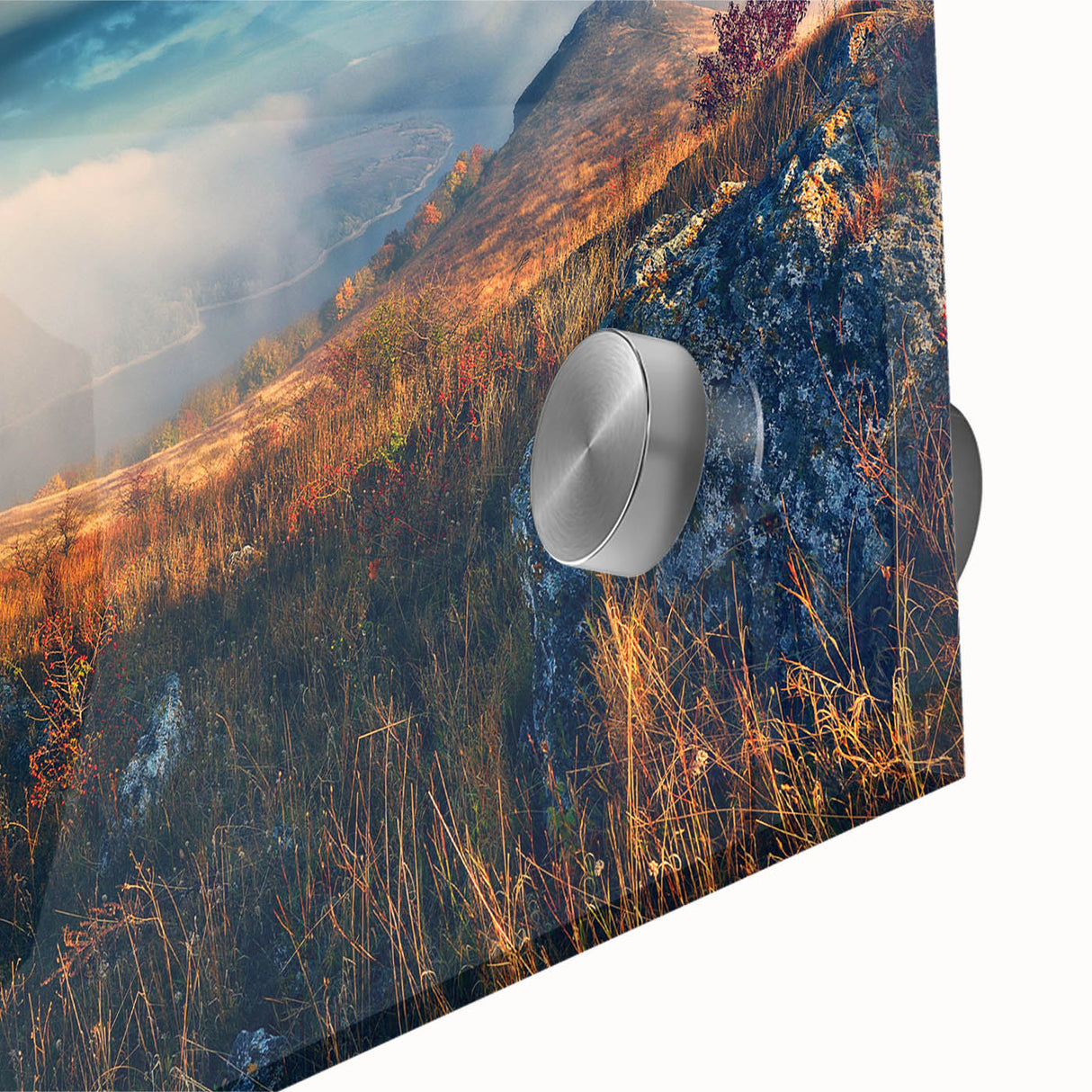 Large abstract wall art depicting a European scenery in muted earth tones on acrylic glass, ideal for dining room art.