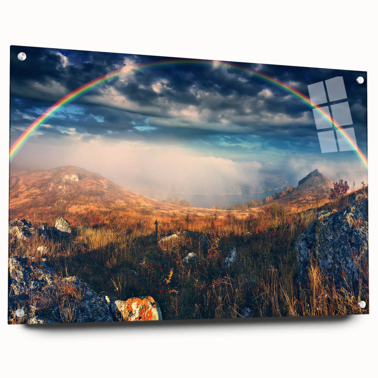 Large abstract wall art of a European landscape in muted earth tones on acrylic glass.