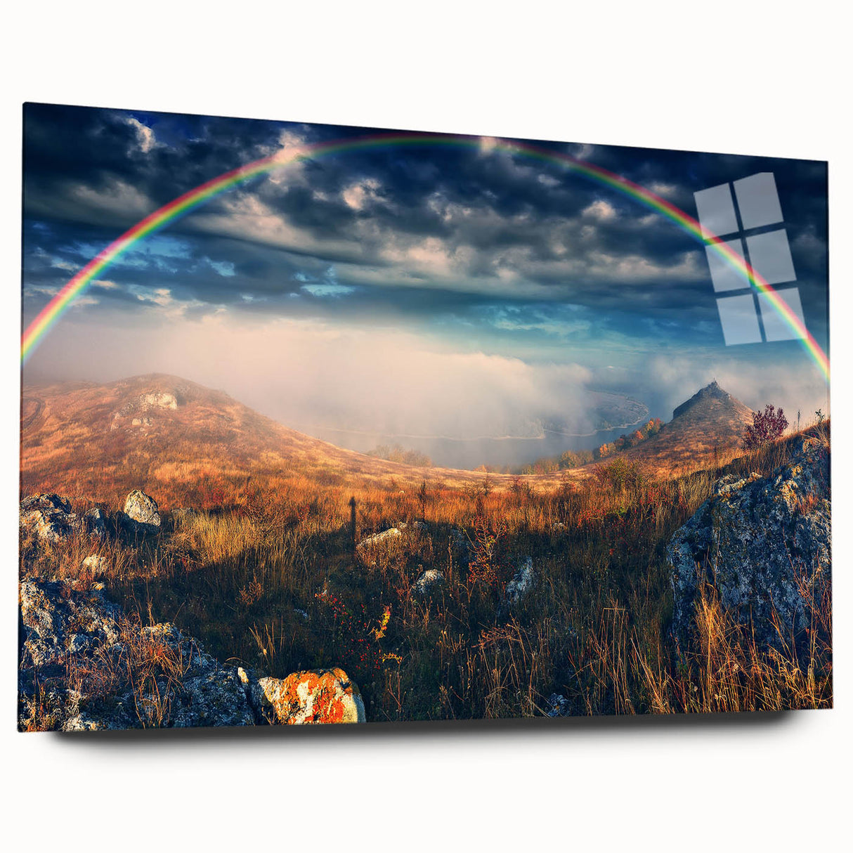 Large abstract wall art featuring vibrant hues of blue and orange on acrylic glass.