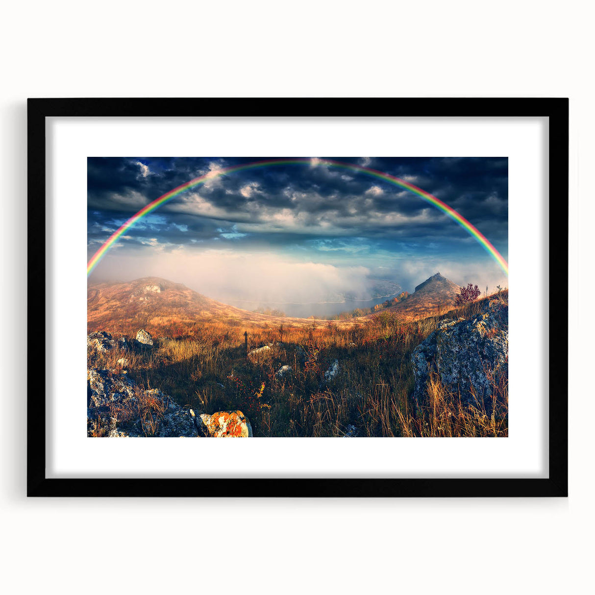 Abstract art print featuring vibrant, colorful textured scenery, displayed in a large black frame with mat.