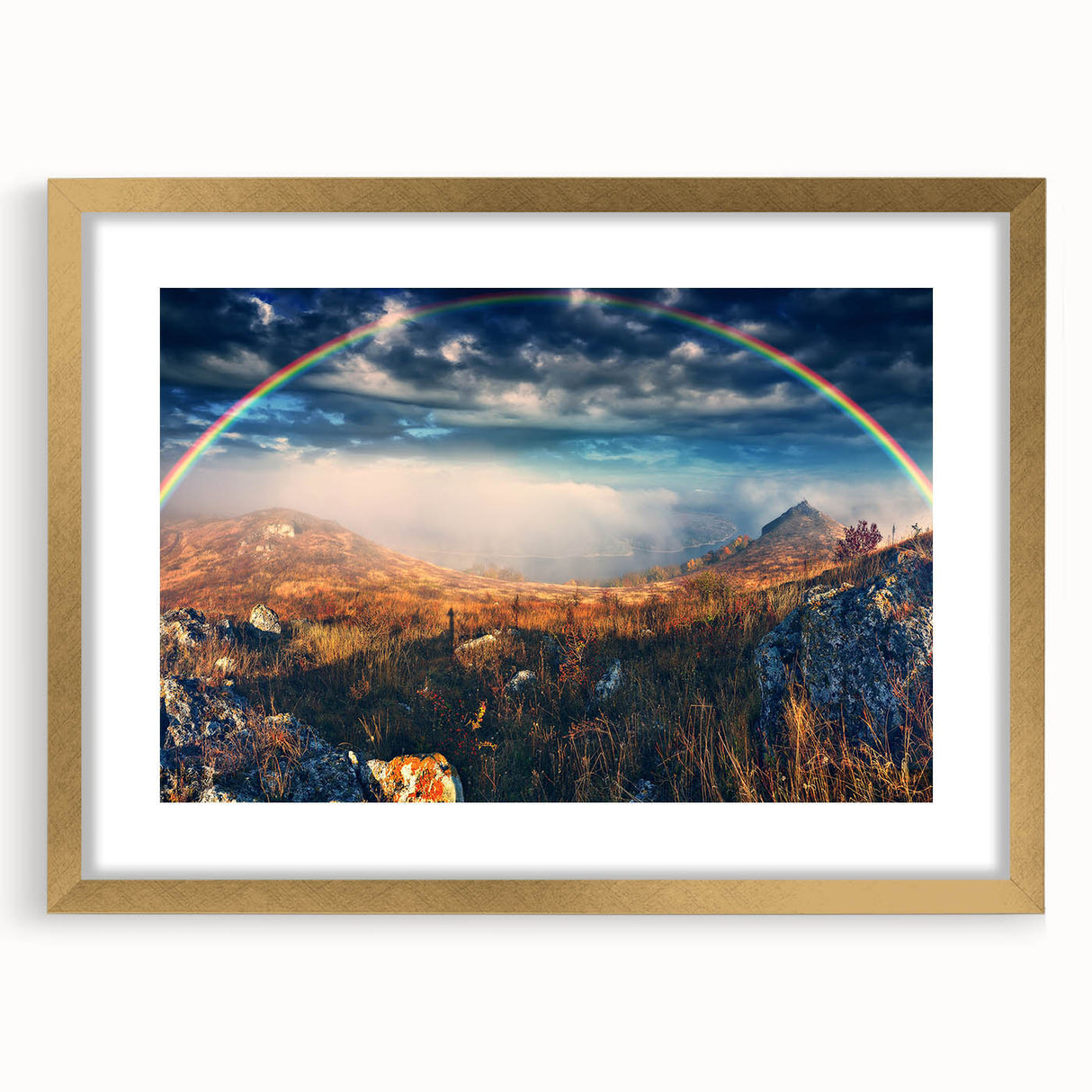 Extra large abstract art print featuring textured scenery of Europe, in a gold frame, ideal for living room decor.