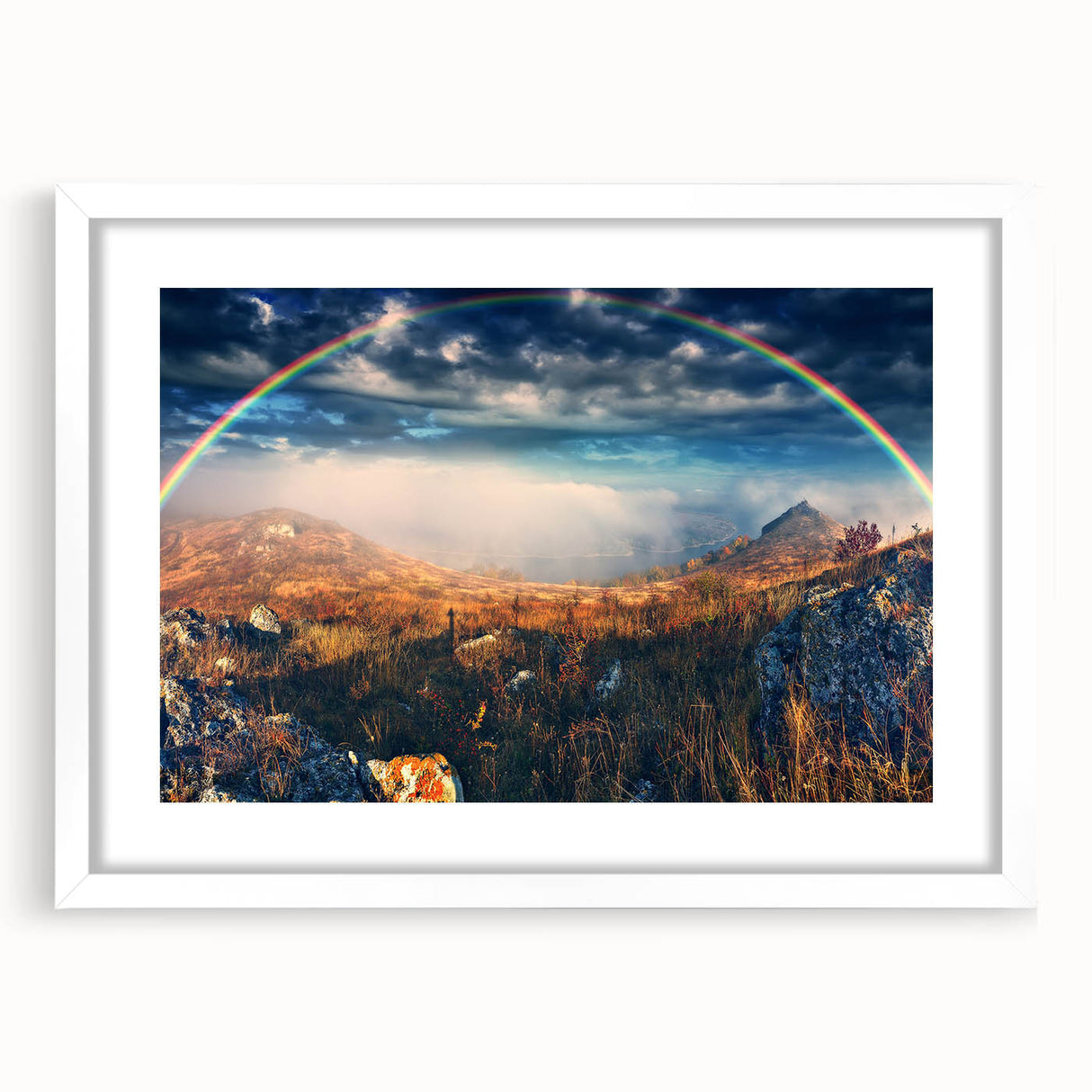 Abstract art print featuring vibrant hues of blue and orange on a white framed canvas, ideal for dining room decor.