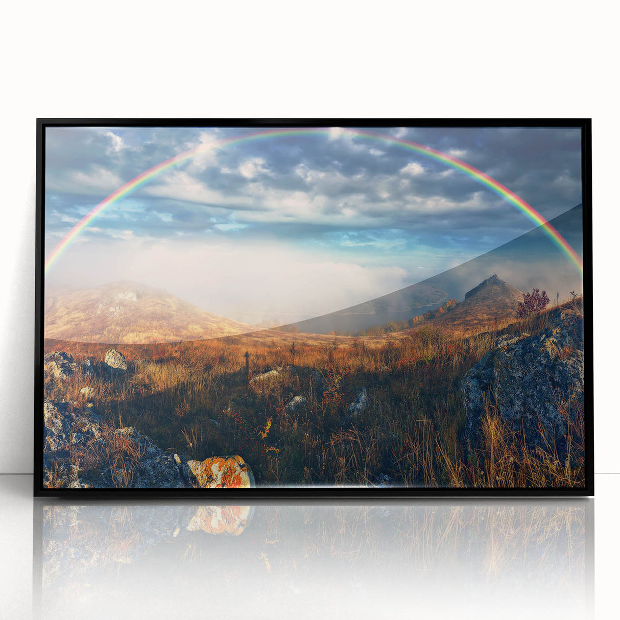 Large abstract wall art depicting a European Ukrainian scenery in muted earth tones, framed in black acrylic.