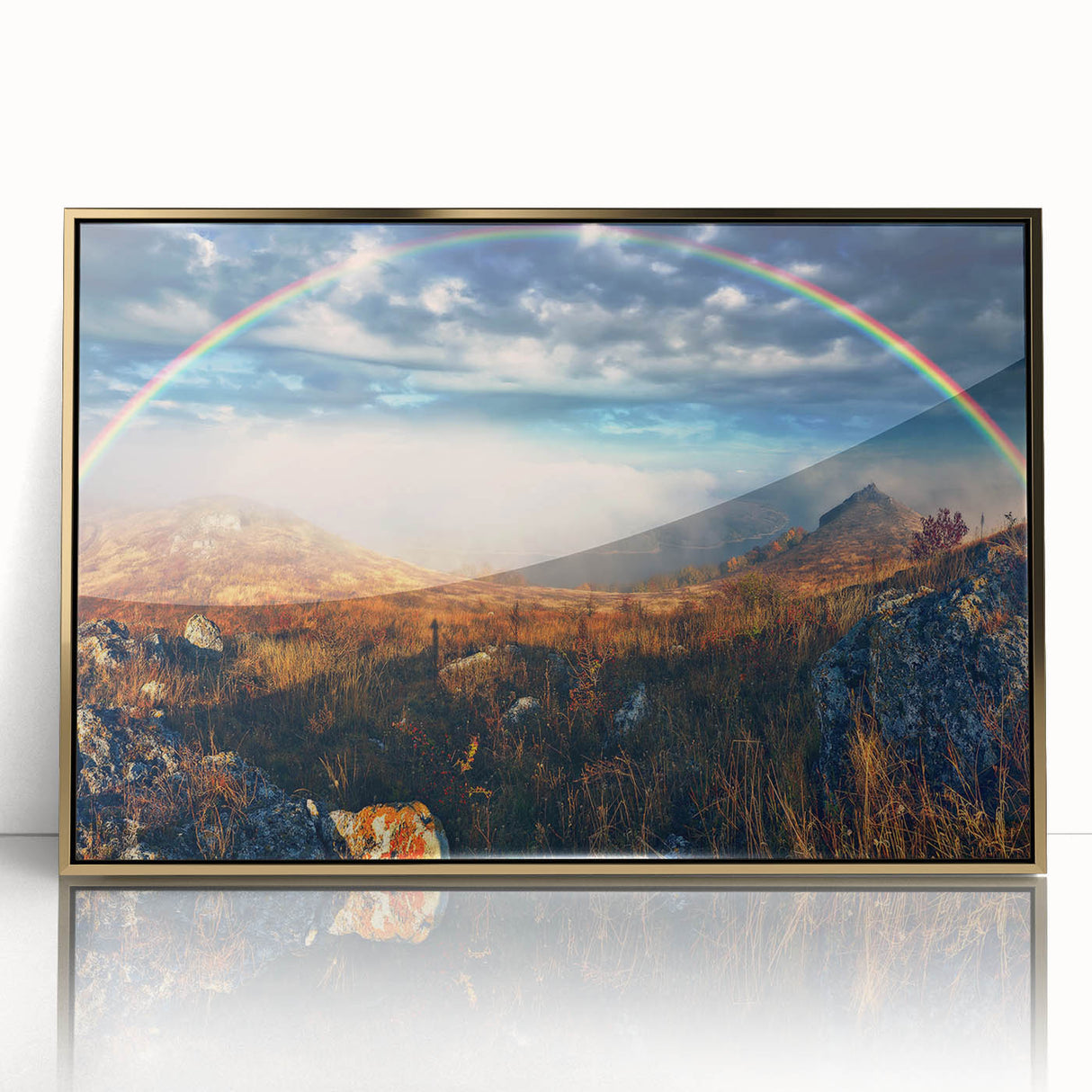 Large art print of a serene Ukrainian landscape, framed in gold acrylic, in mid-century modernist style.