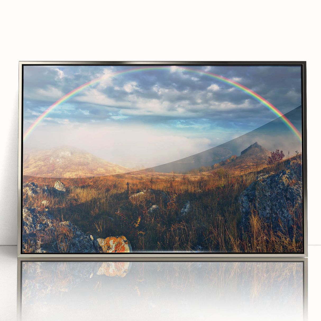 Mid-century modernist art depicting a serene Ukrainian landscape in muted earth tones, framed in silver acrylic.