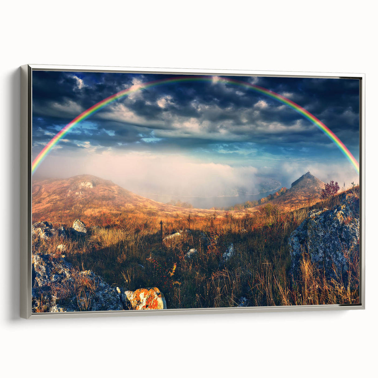 Framed canvas featuring a vintage-style landscape art painting of a Ukrainian scenery in vibrant, colorful tones.