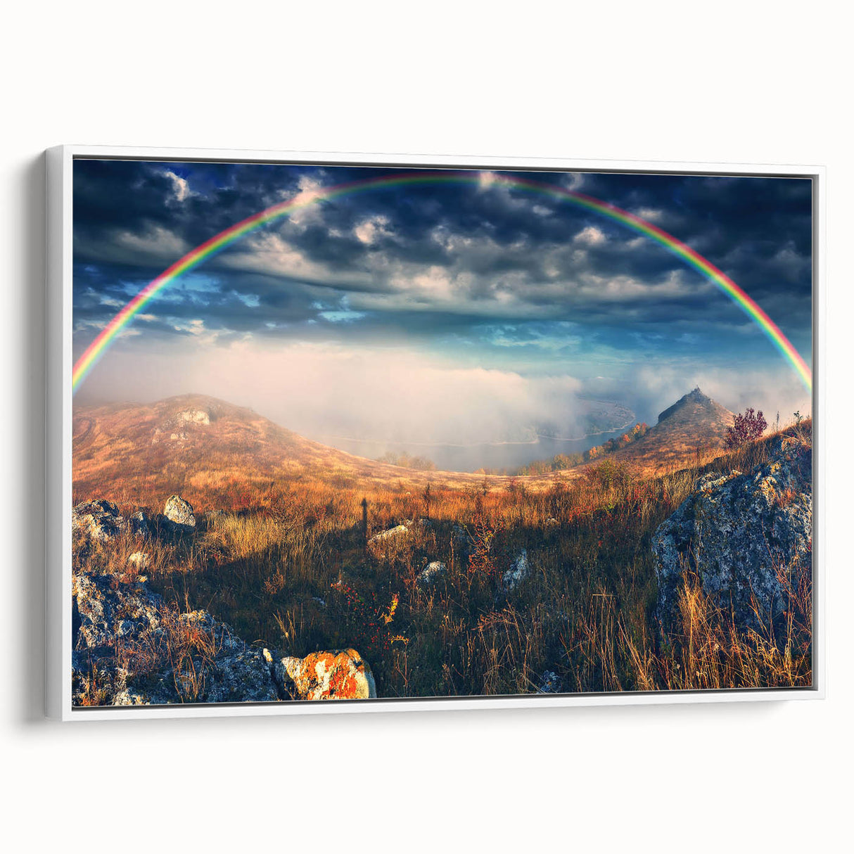 Vintage poster art of a European scenery in vibrant colors on a large framed canvas, suitable for living room decor.