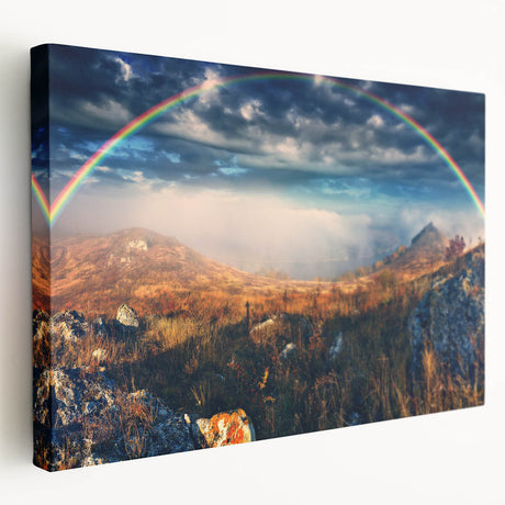 Landscape painting of a European countryside on stretched canvas, featuring vibrant green and blue tones.