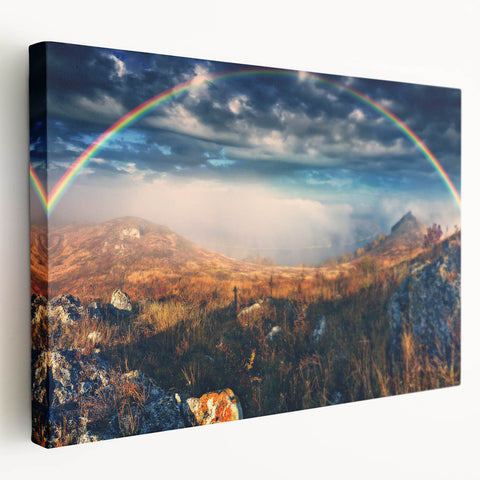 Landscape painting of a European countryside on stretched canvas, featuring vibrant green and blue tones.