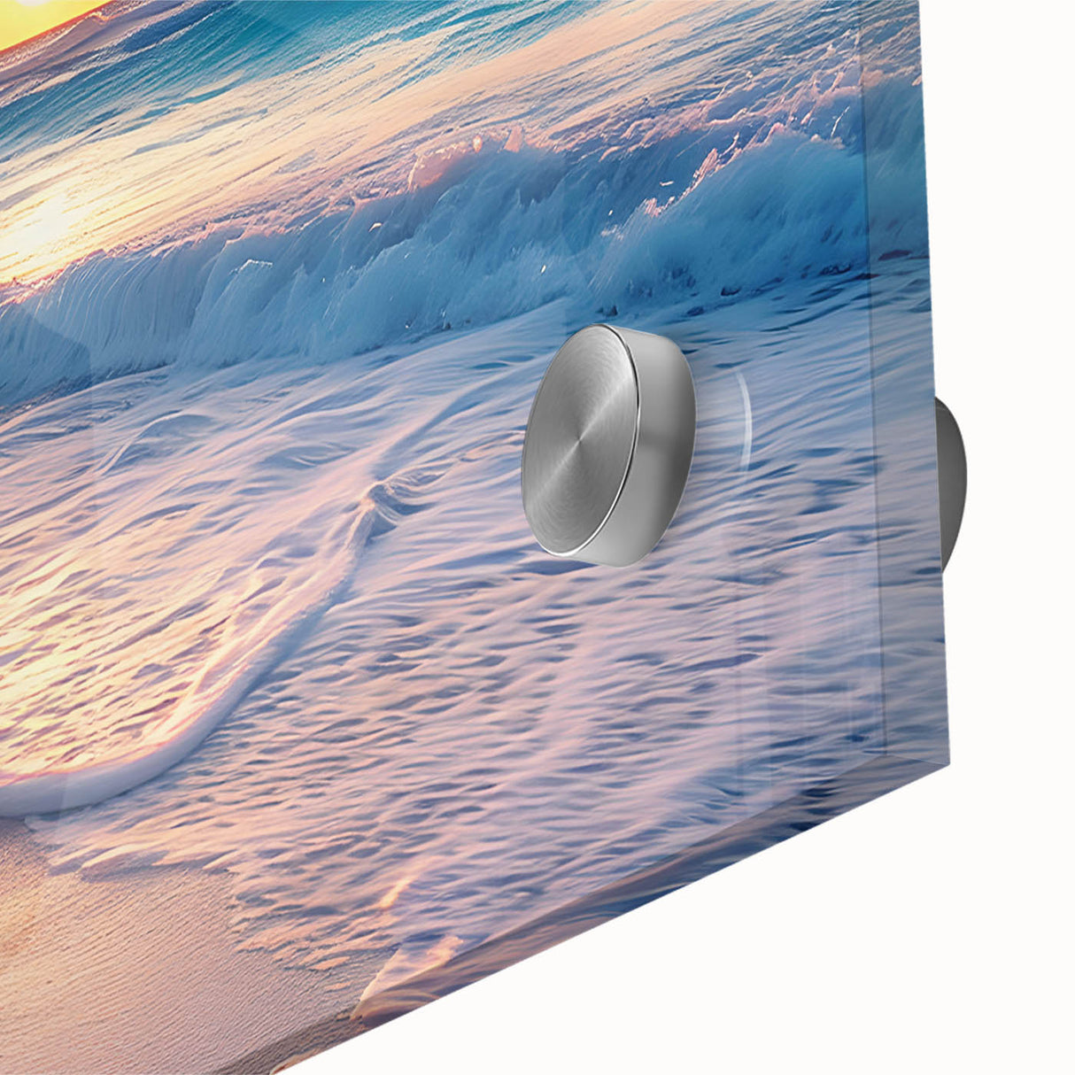 Large abstract acrylic print of Cancun scenery in vibrant blues and greens.