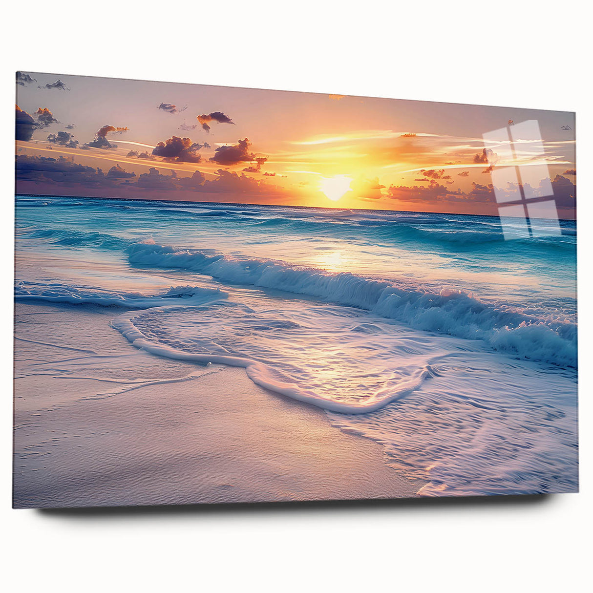Large abstract wall art depicting a Cancun scenery in vibrant blue and green hues, acrylic print.