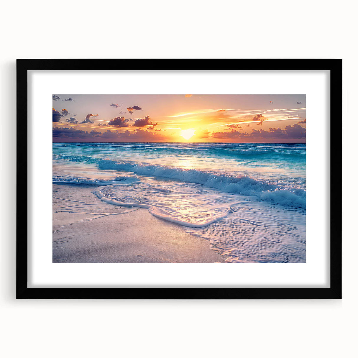 Extra large abstract art print of Cancun scenery in vibrant colors on textured canvas, framed in black.