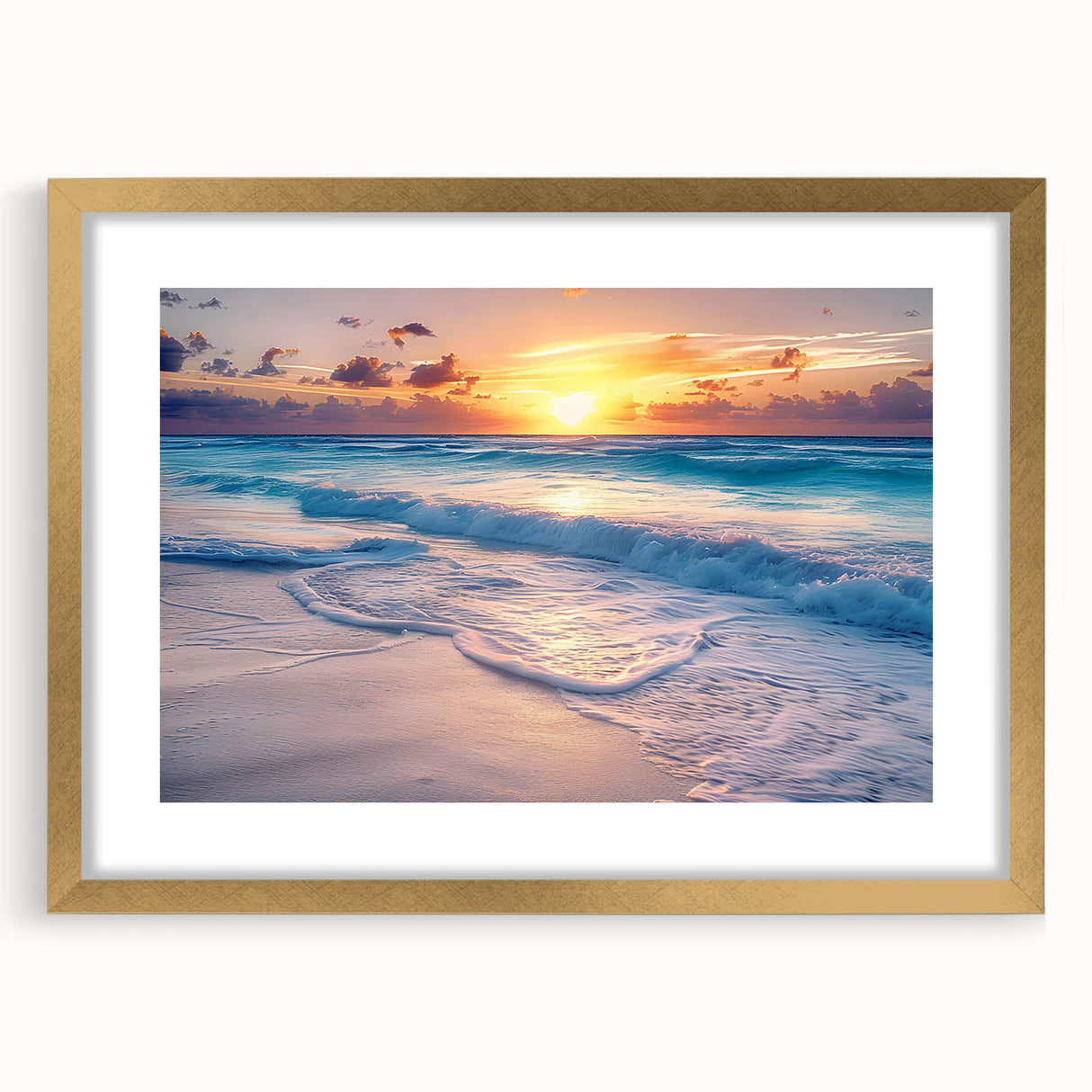 Extra large abstract art print of Cancun scenery in muted blue and gold tones, framed with a gold mat.
