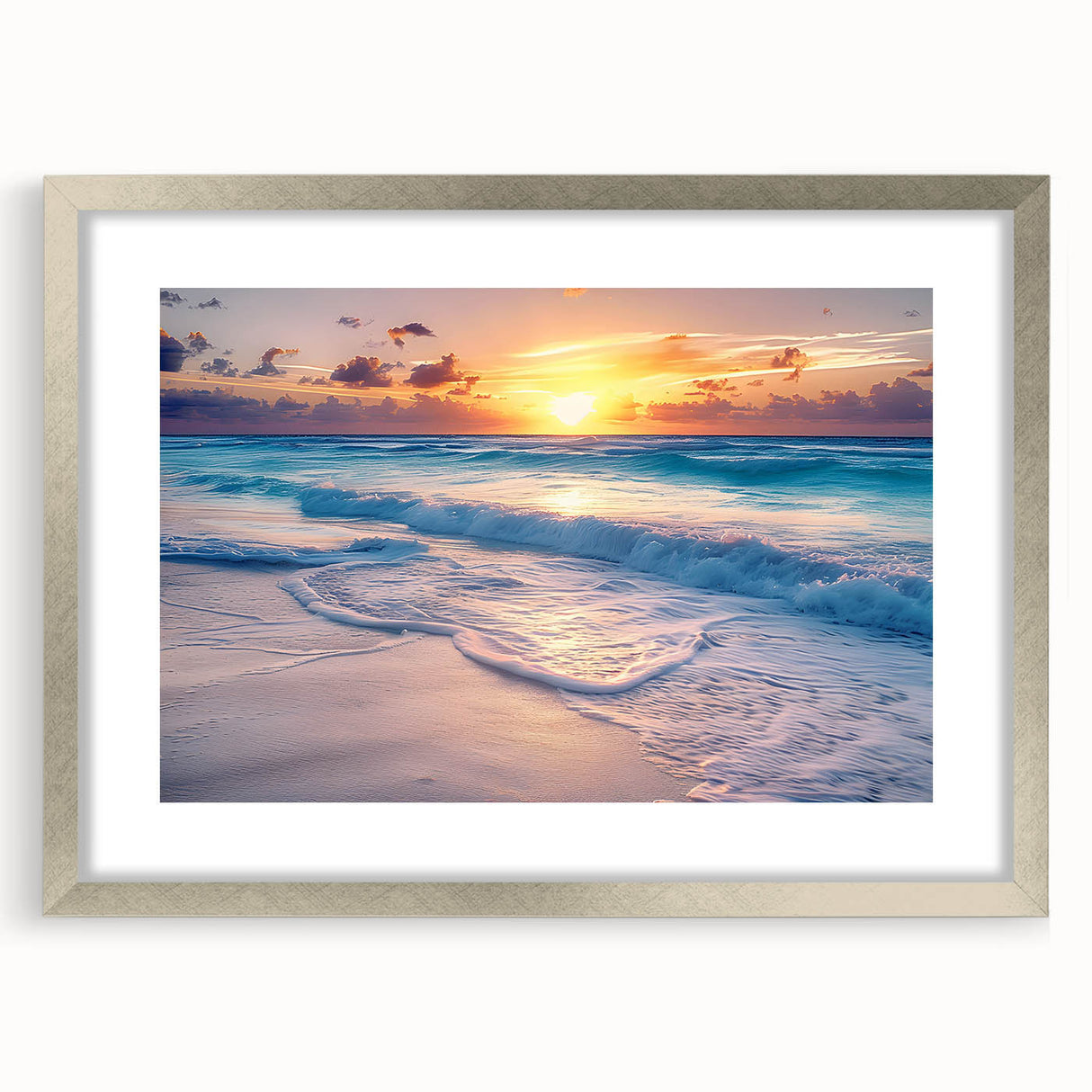 Textured abstract art print of Cancun scenery in muted blue and green tones, framed in silver, ideal for bedroom art.