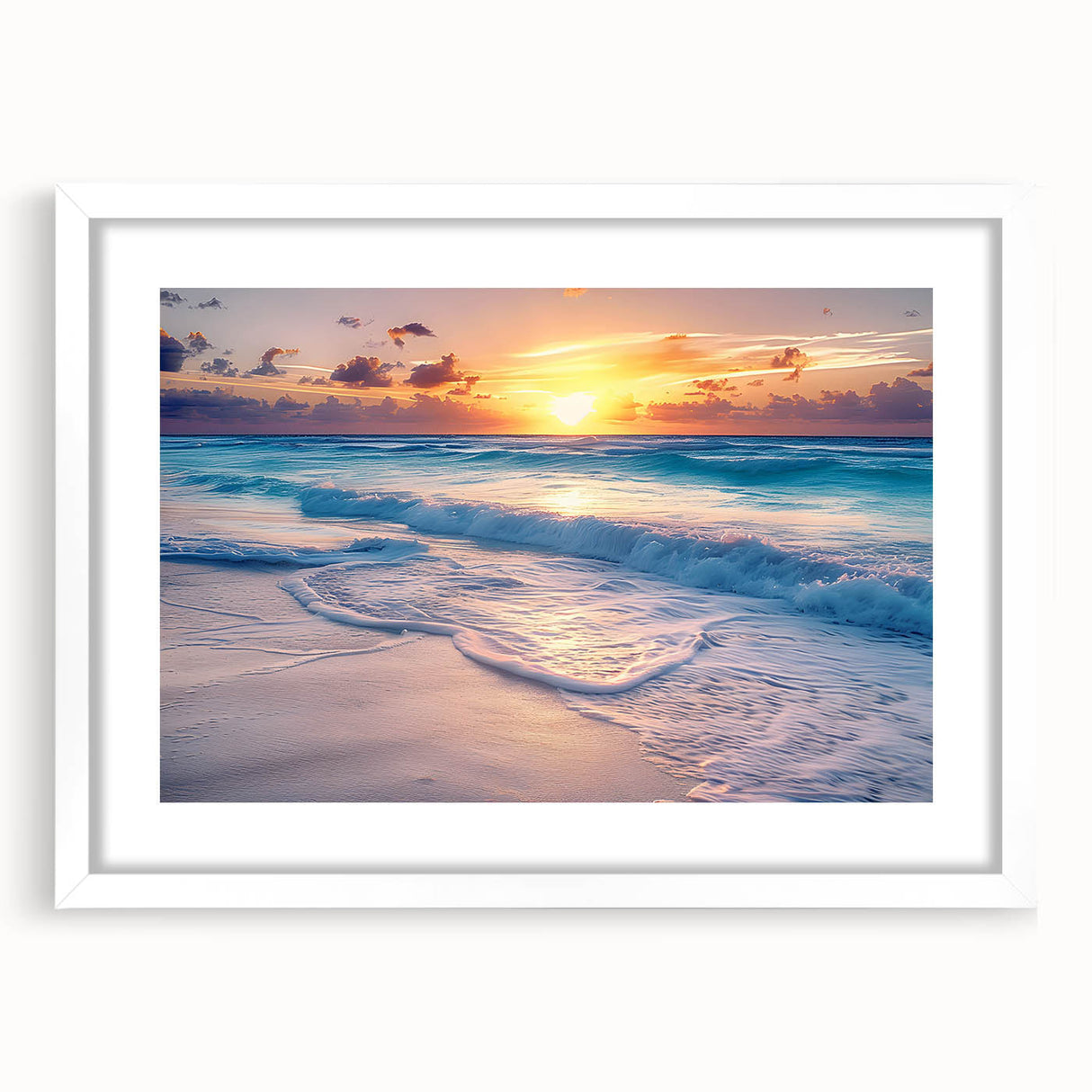 Abstract art print of Cancun scenery in muted blue and green tones, framed with a white mat, suitable for dining room decor.