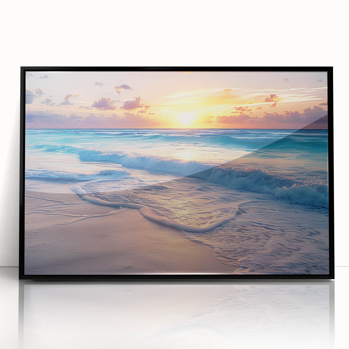 Large abstract wall art depicting a Cancun scenery in muted blue and green tones, framed in black acrylic.