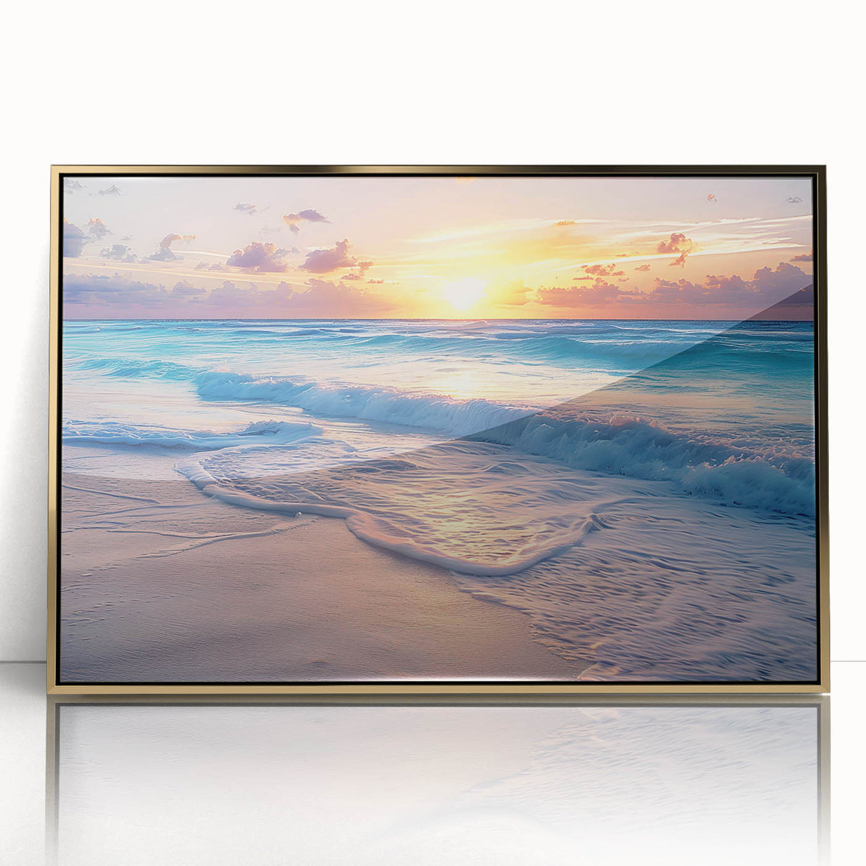 Framed acrylic print of Cancun scenery in mid-century modernist style, with vibrant ocean and sky hues.