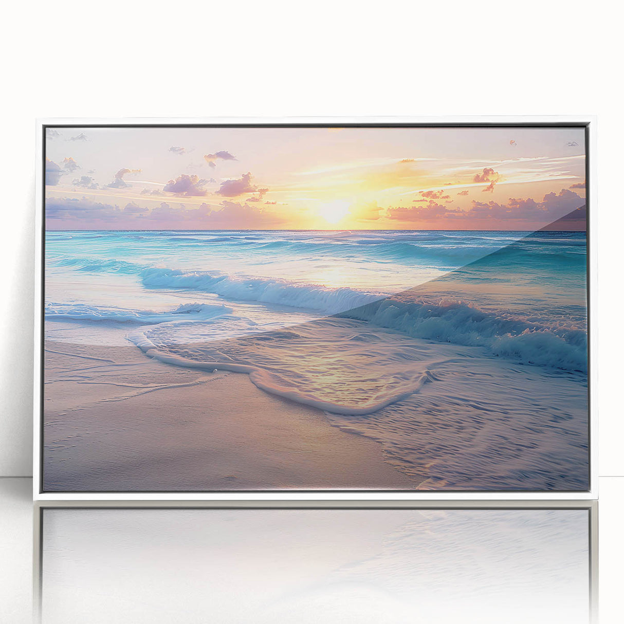 Framed acrylic print of Cancun scenery in art deco style, using pastel shades, ideal for modern art wall decor.