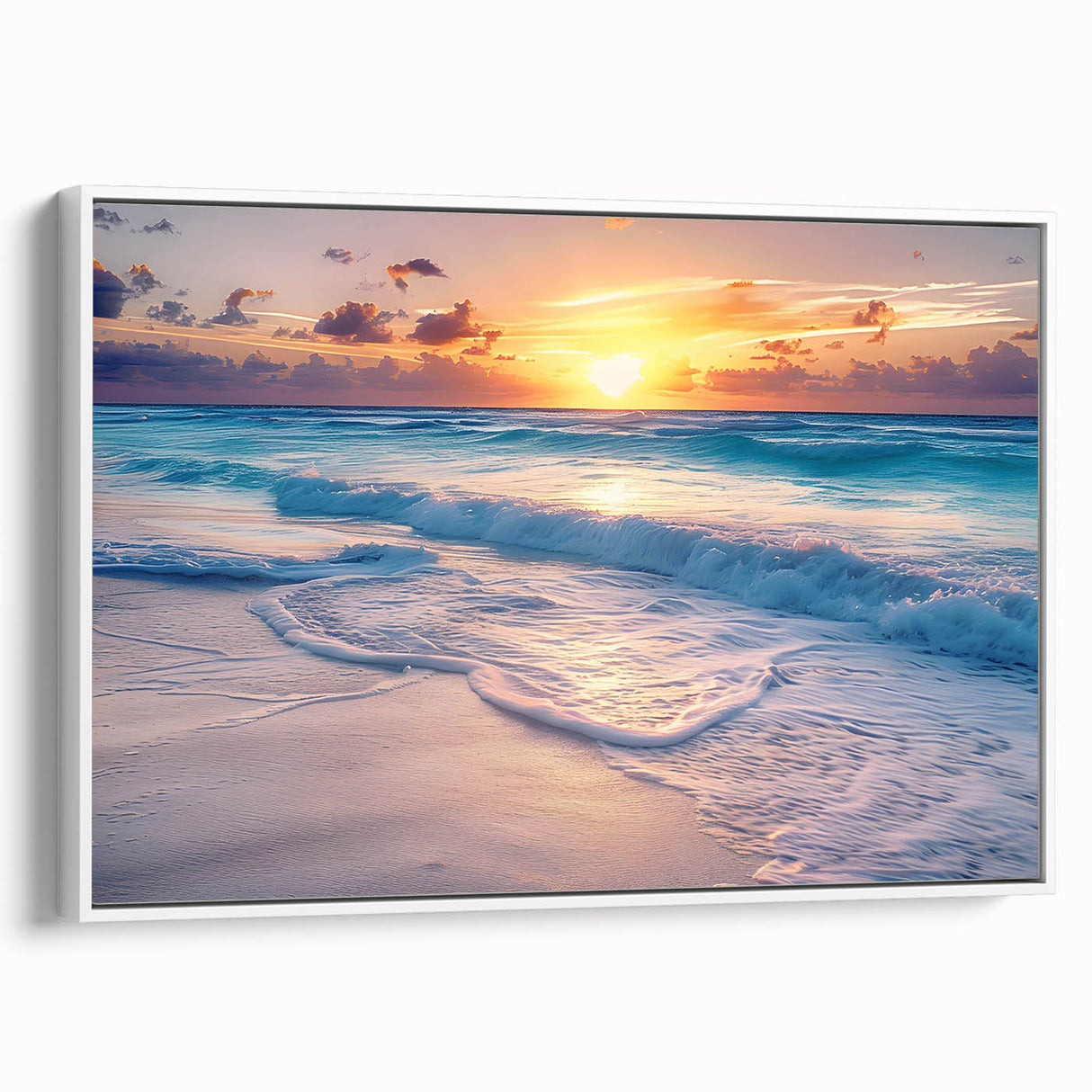 Vintage poster art of Cancun scenery on framed canvas, featuring vibrant colors, ideal for living room decor.