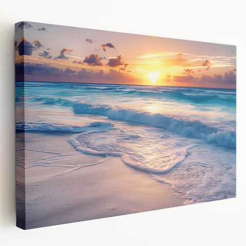 Large canvas print depicting the Cancun coastline in vibrant blue and turquoise hues, ideal for kitchen wall art.