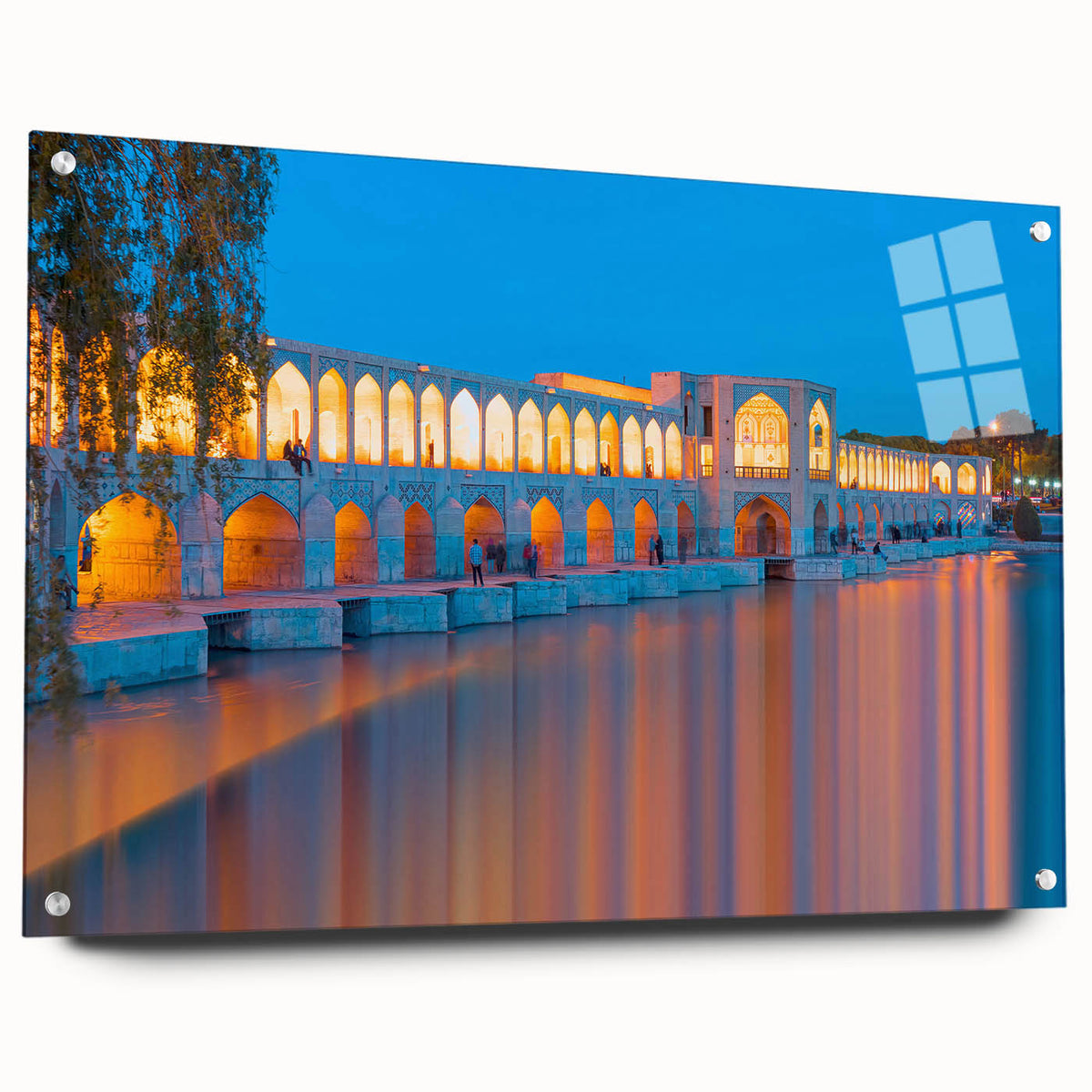 Large abstract wall art depicting a Middle Eastern landscape in muted earth tones on acrylic glass.