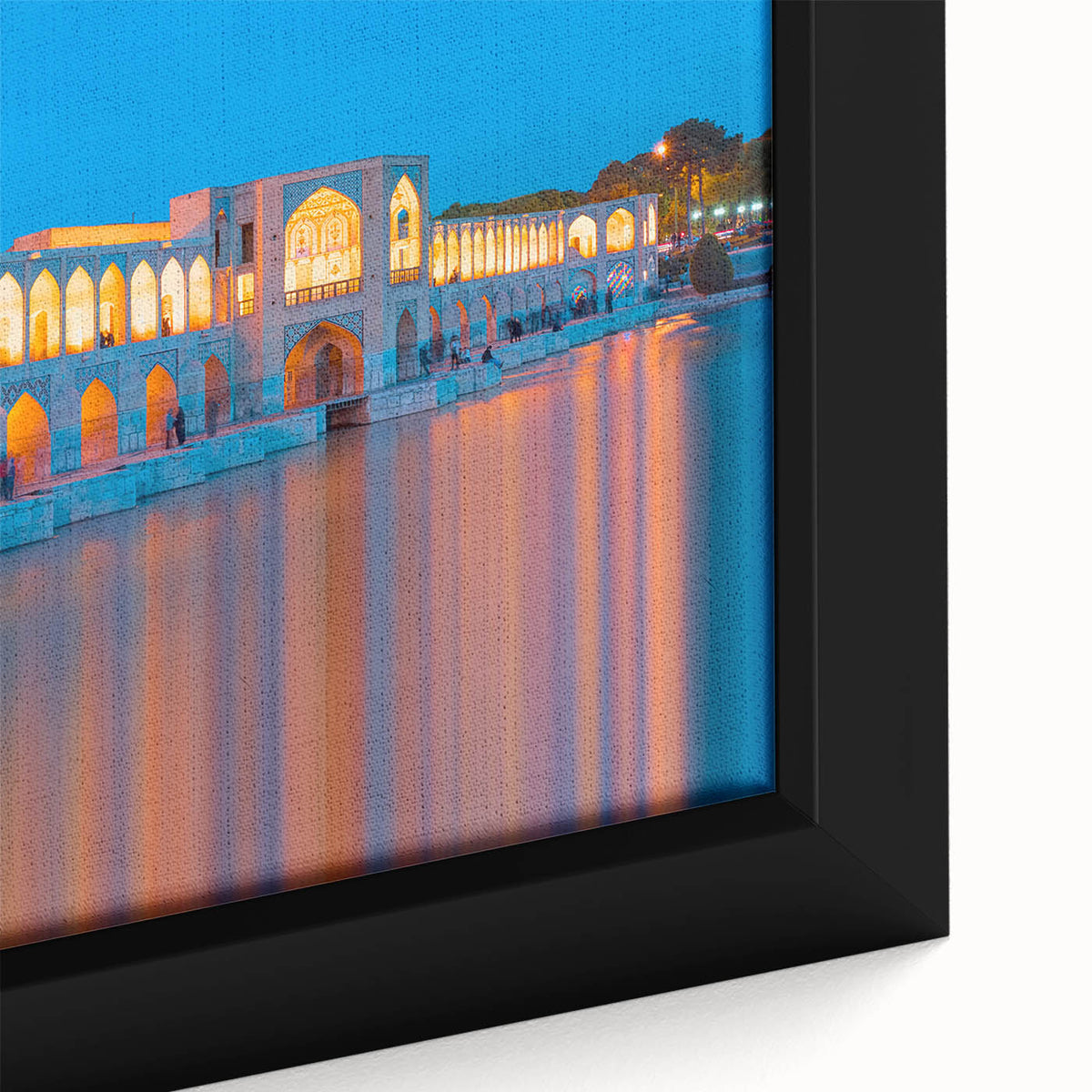 Extra large framed canvas featuring a textured, colorful Iranian scenery in black, ideal for living room decor.