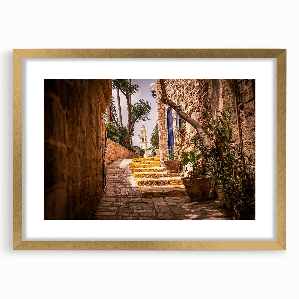 Extra large textured abstract art print depicting the Jerusalem skyline in muted gold and brown tones on a framed canvas.