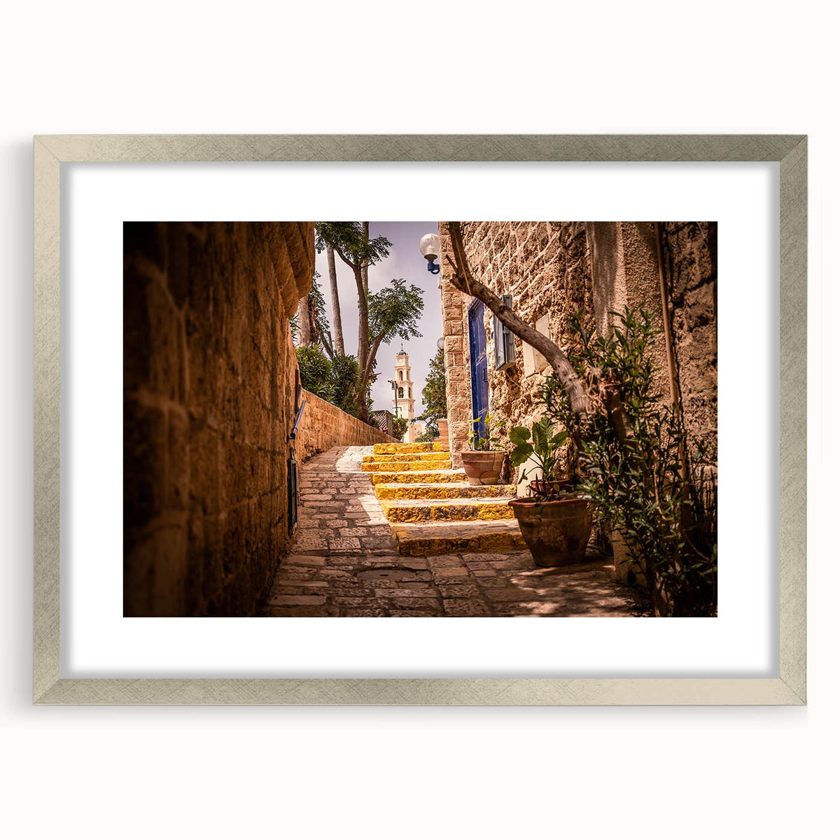 Textured art print of Jerusalem with abstract design in earth tones on a framed canvas, suitable for bedroom decor.