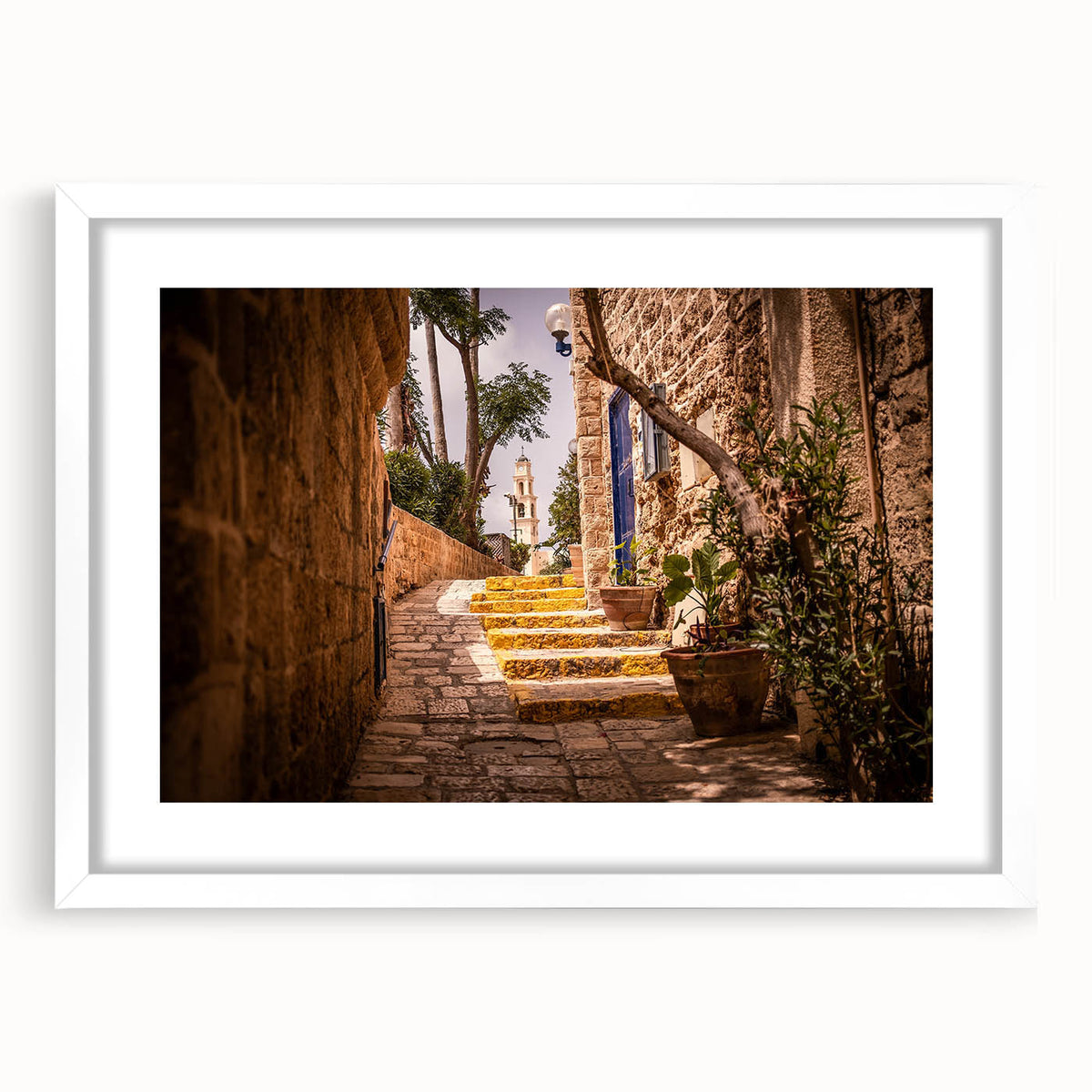 Abstract art print of Jerusalem in muted earth tones on a framed white mat, suitable for dining room decor.