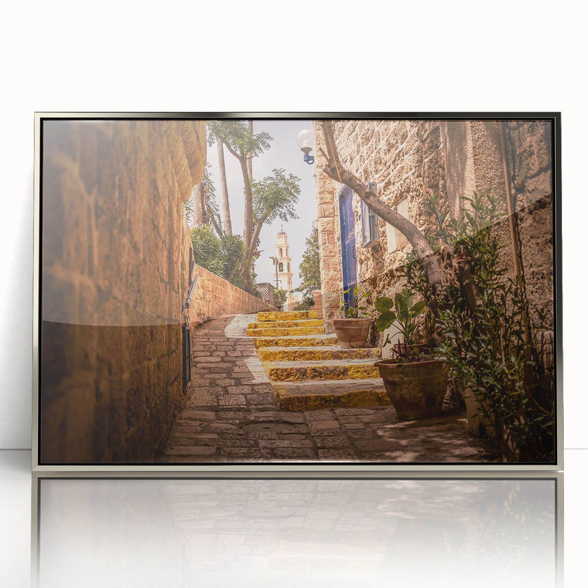 Framed acrylic print of Jerusalem skyline featuring mid-century modernist art in muted earth tones.