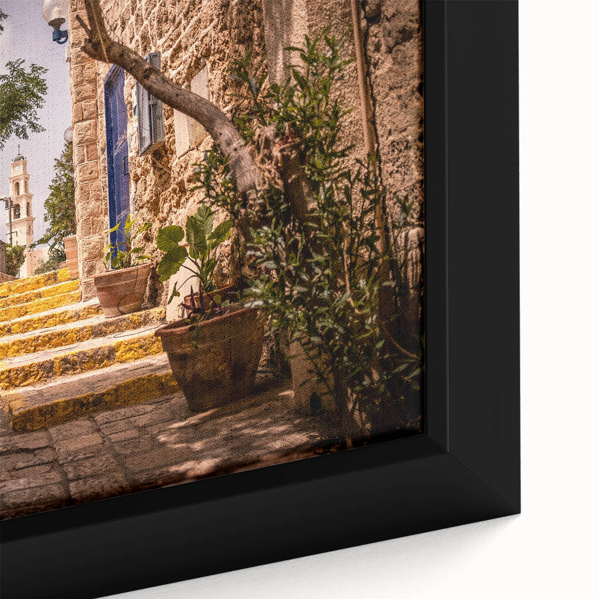 Extra large framed canvas featuring a textured, colorful depiction of the Jerusalem skyline on a black background.