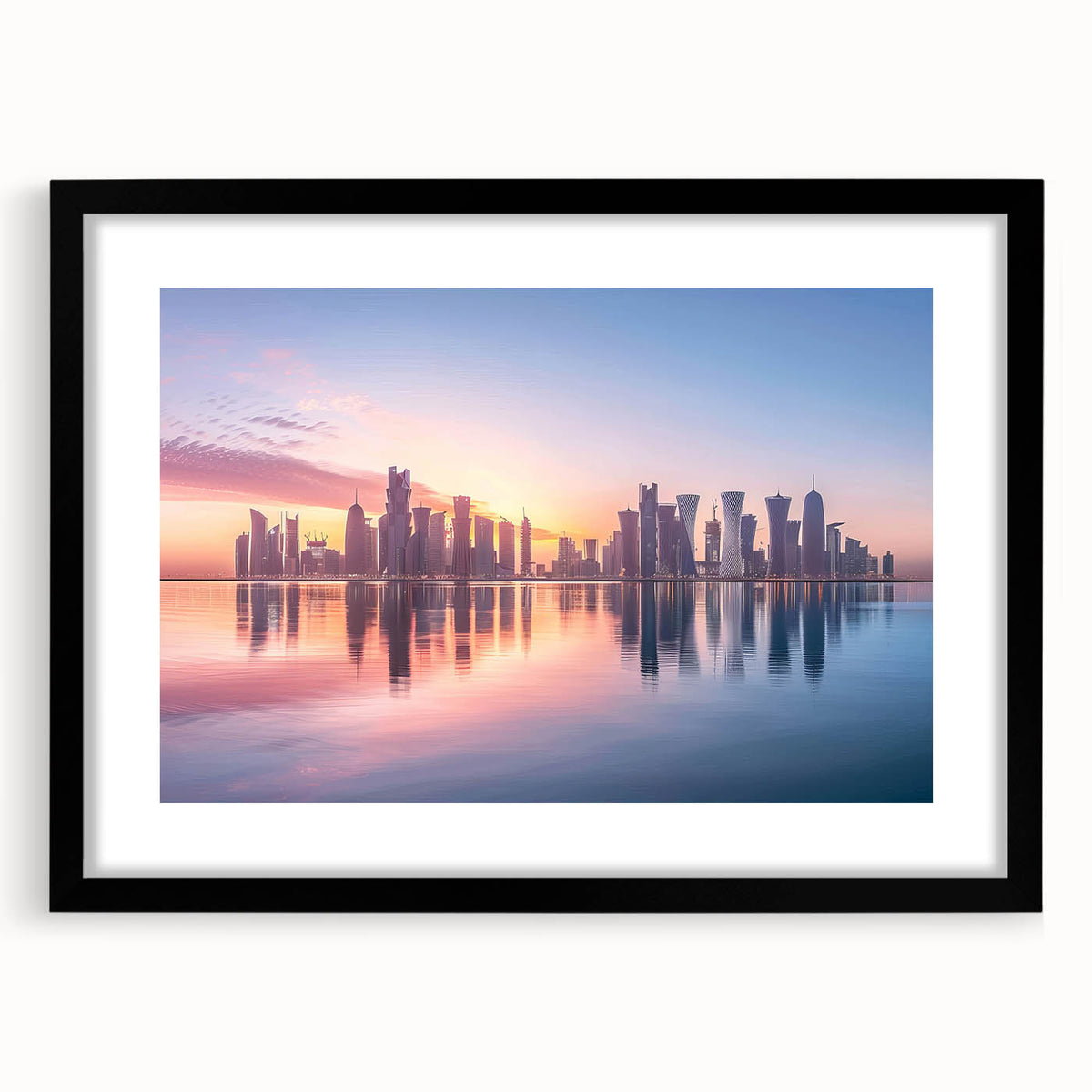 Extra large abstract art print featuring colorful, textured scenery of Qatar, in a black frame with mat.