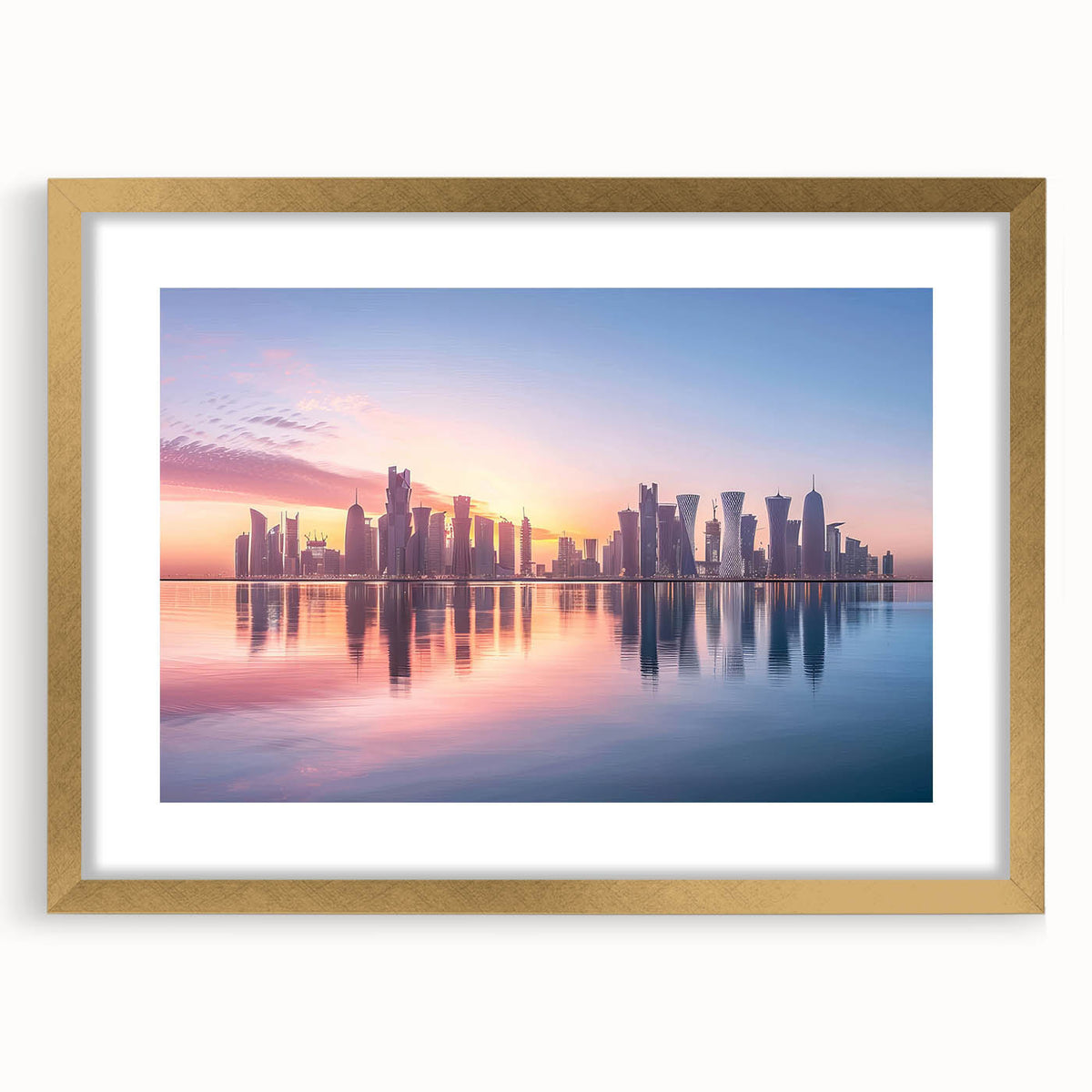 Extra large abstract art print of a Middle Eastern scenery in gold frame, ideal for living room decor.